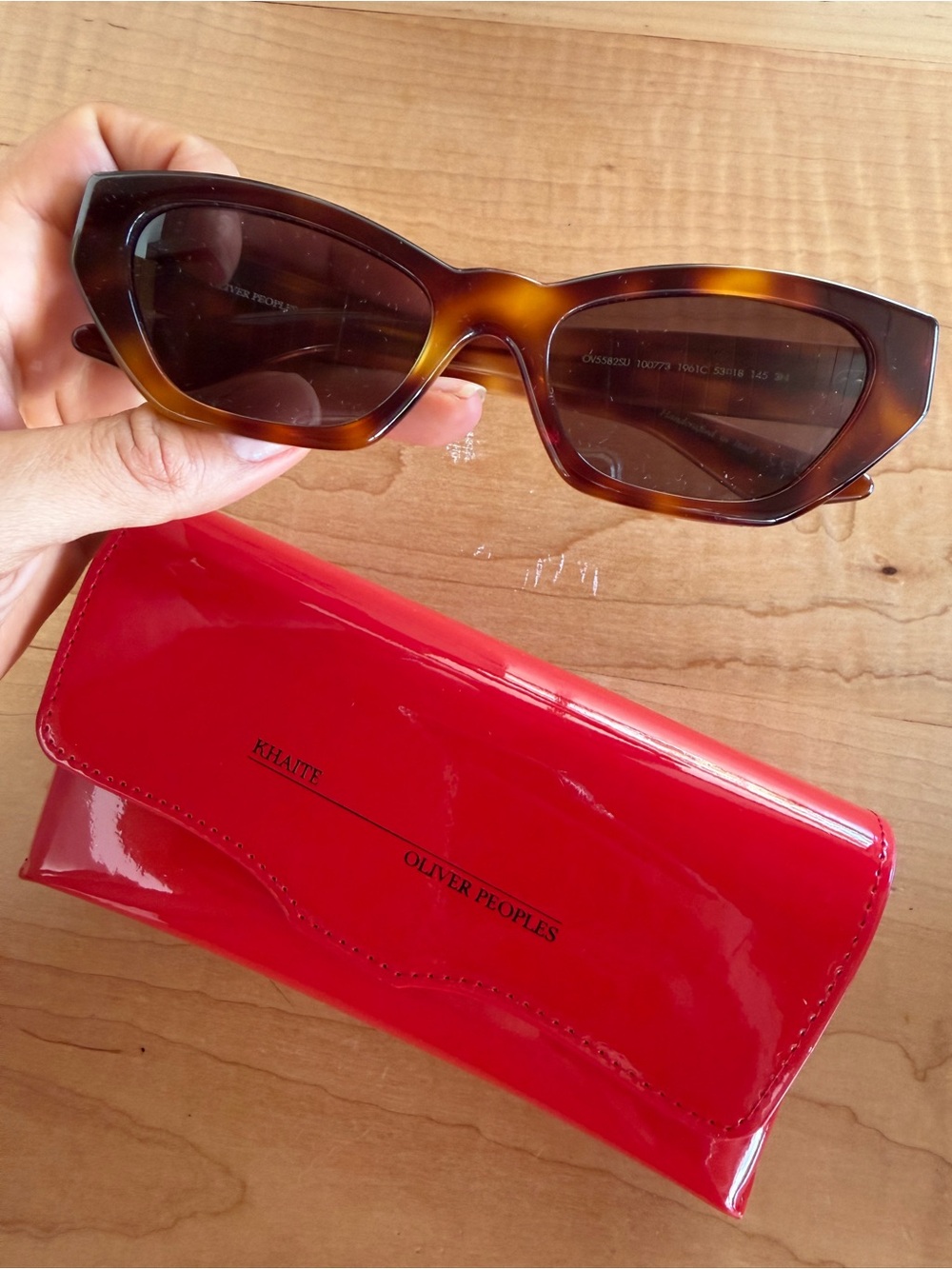 KHAITE Tortoiseshell Cat-Eye Sunglasses with Red Patent Case